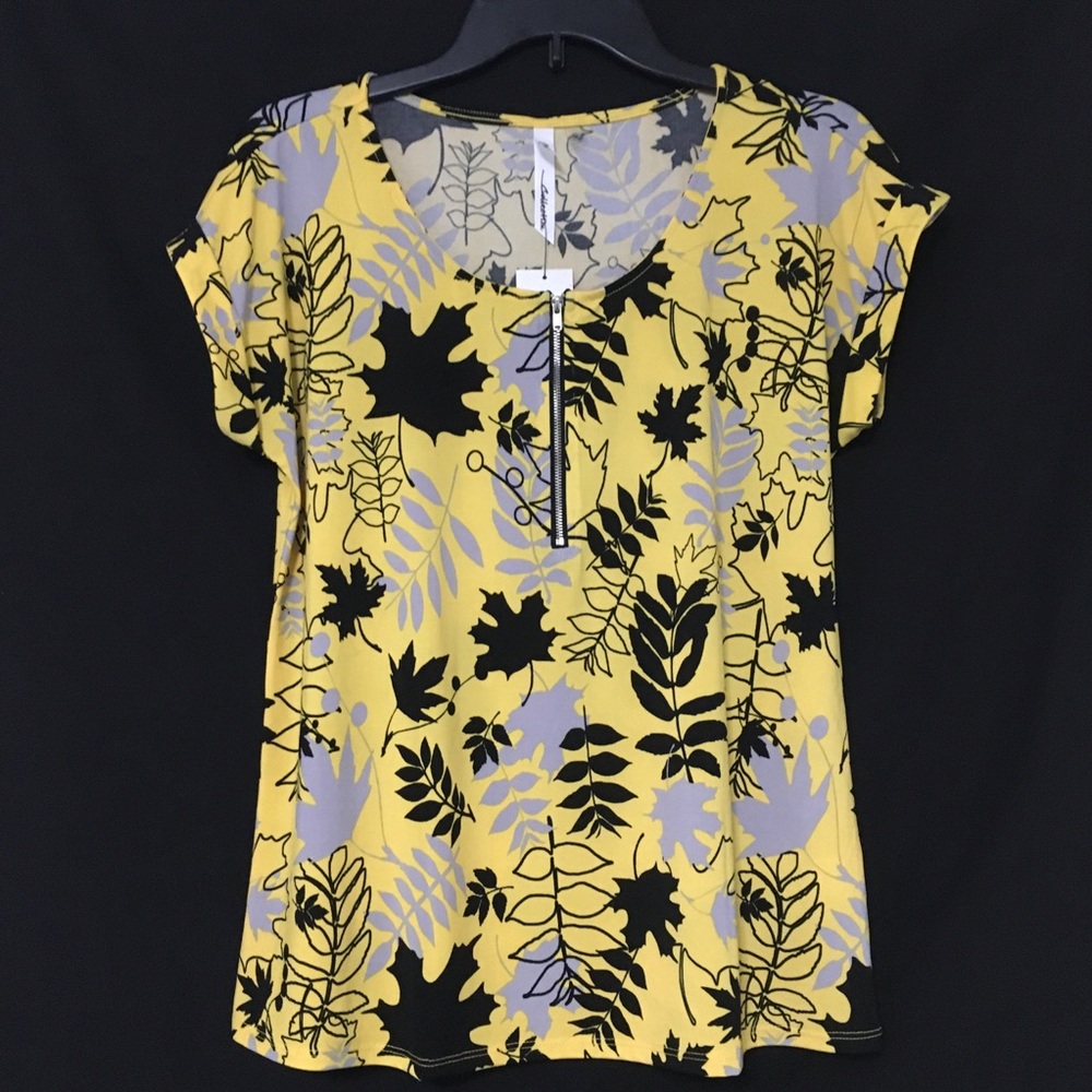 NY Collection Women's Petite Size PL Yellow Leaf Print Zipper Neck Top